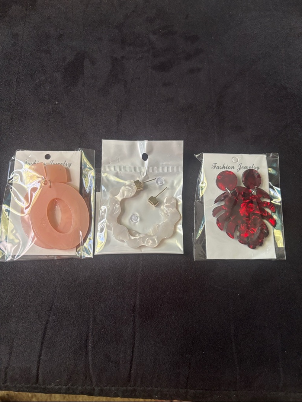 Fashion Jewelry Red Acrylic Leaf, Pink O Drop Earrings, White Hoops